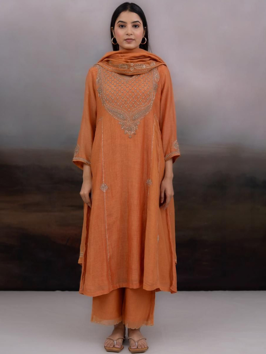 TATWA DESIGNS Ambia Floral Embroidered A-Line Chanderi Silk Kurta With Trouser & Dupatta