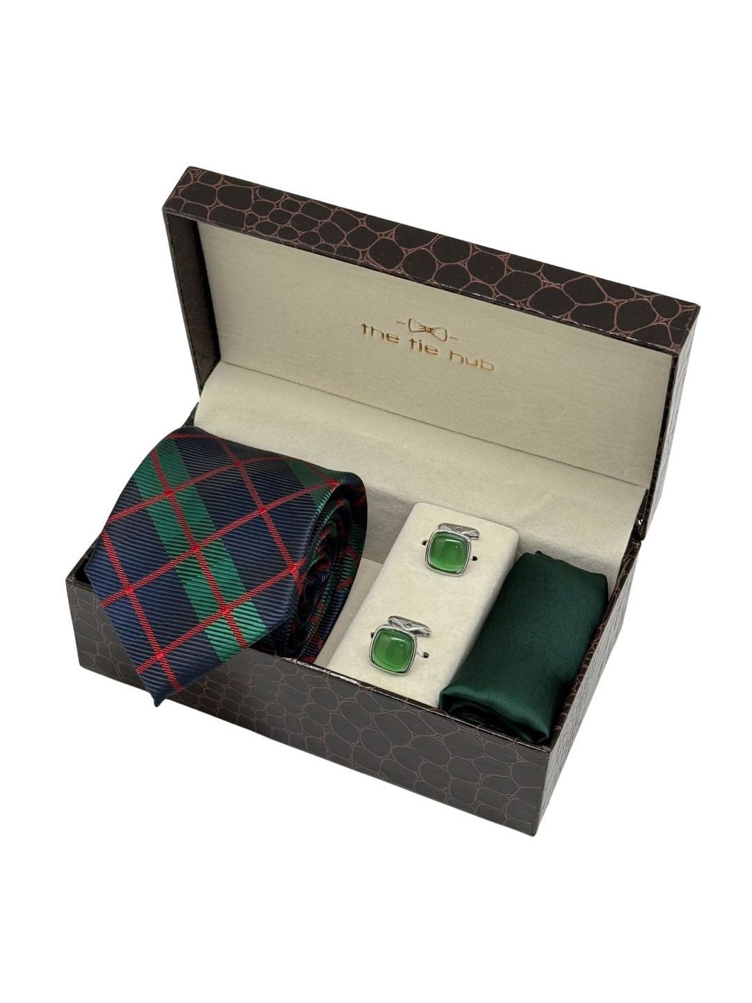 The Tie Hub Men Accessory Gift Set Of Check Necktie With Cufflinks & Pocket Square