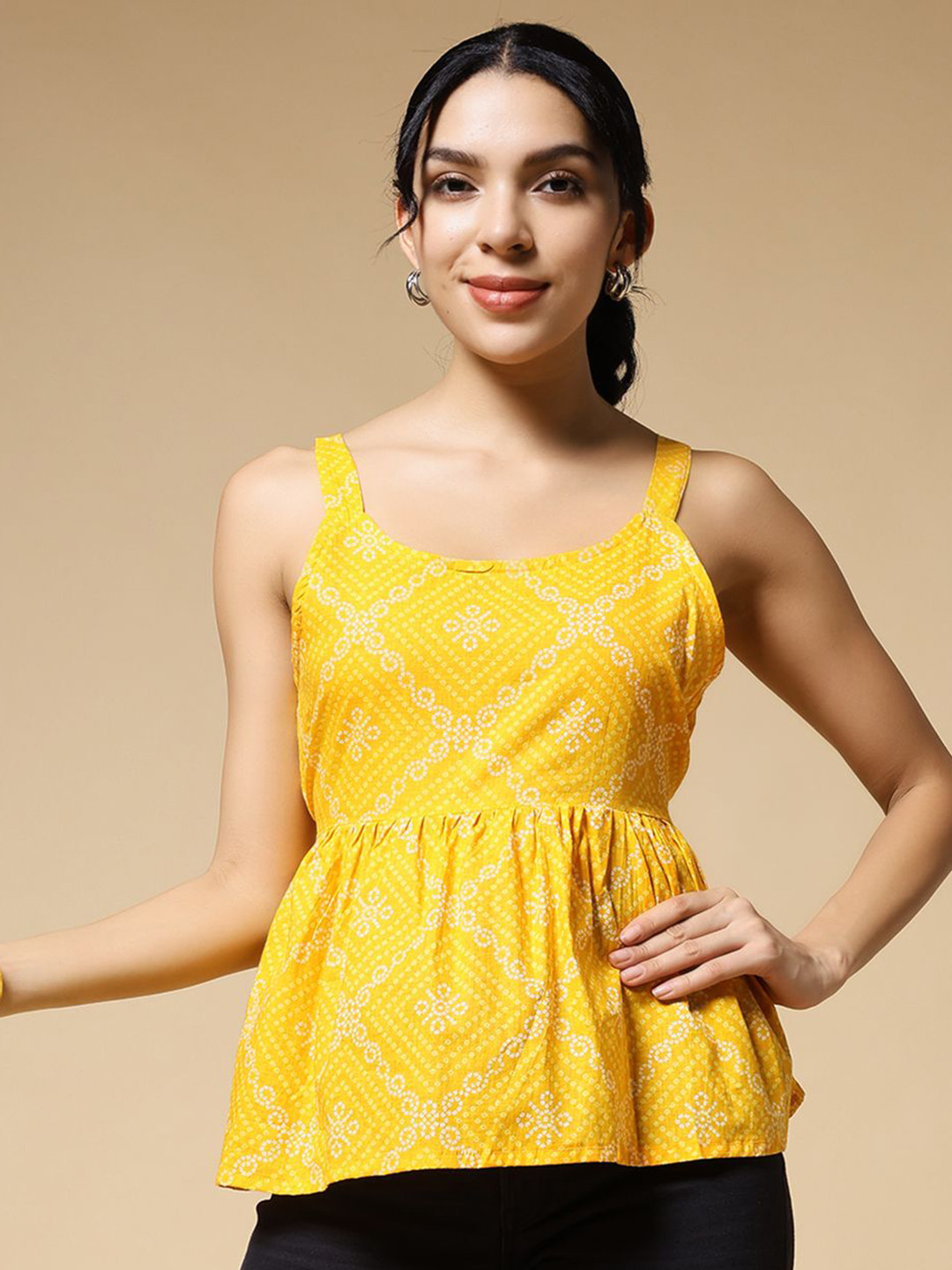 Istyle Can Women Bandhani Printed Pure Cotton Peplum Top