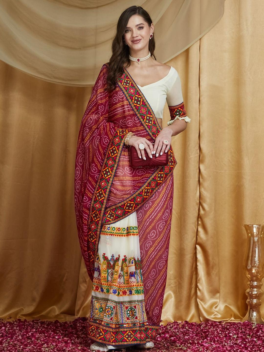 KAVINDI Designer Embroidery Georgette Saree with Unstitched Georgette Blouse