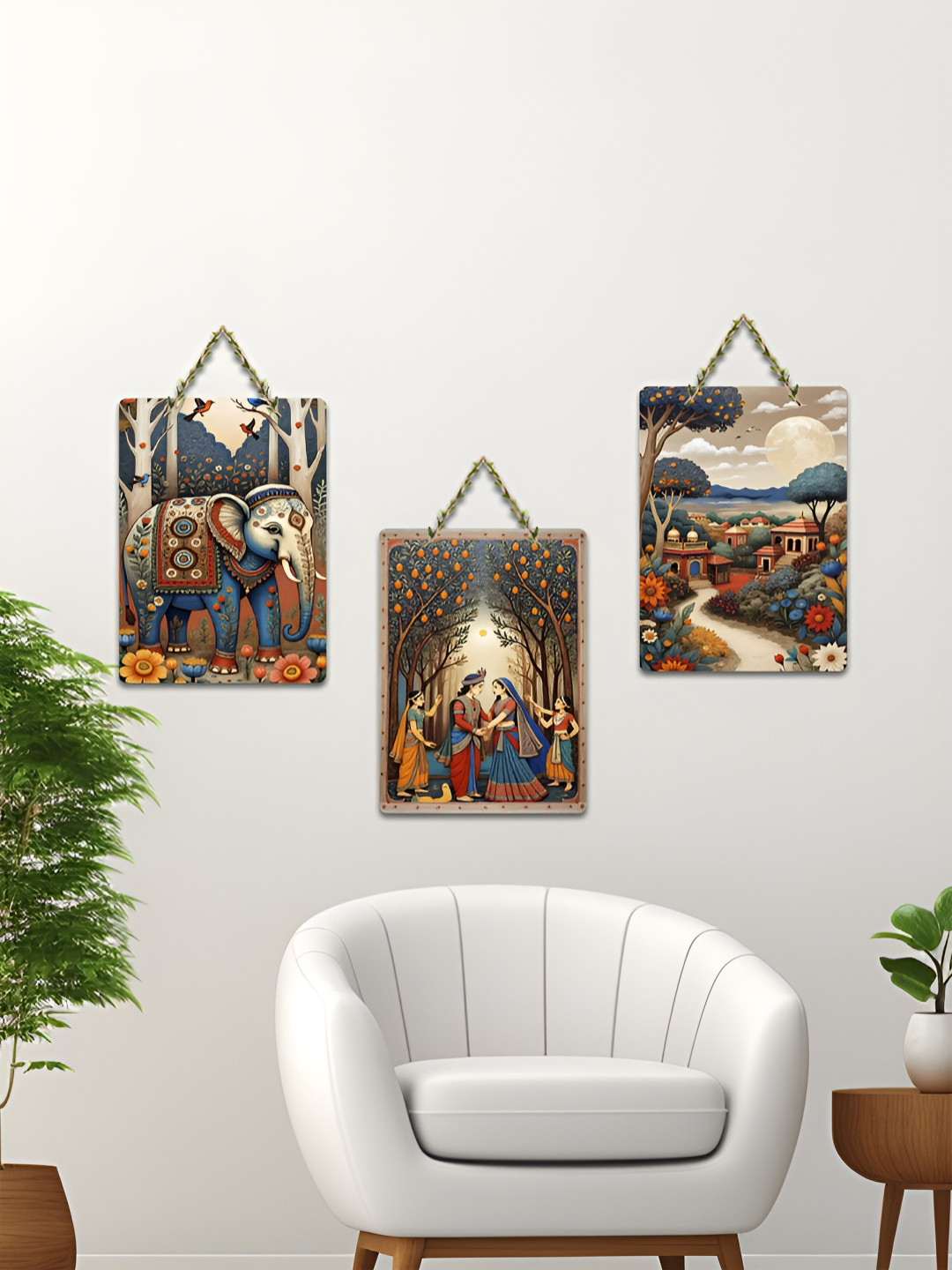 ArtVibes Beige & Blue 3 Pieces Echoes of Radha Krishna Printed Wooden Hanging Wall Arts