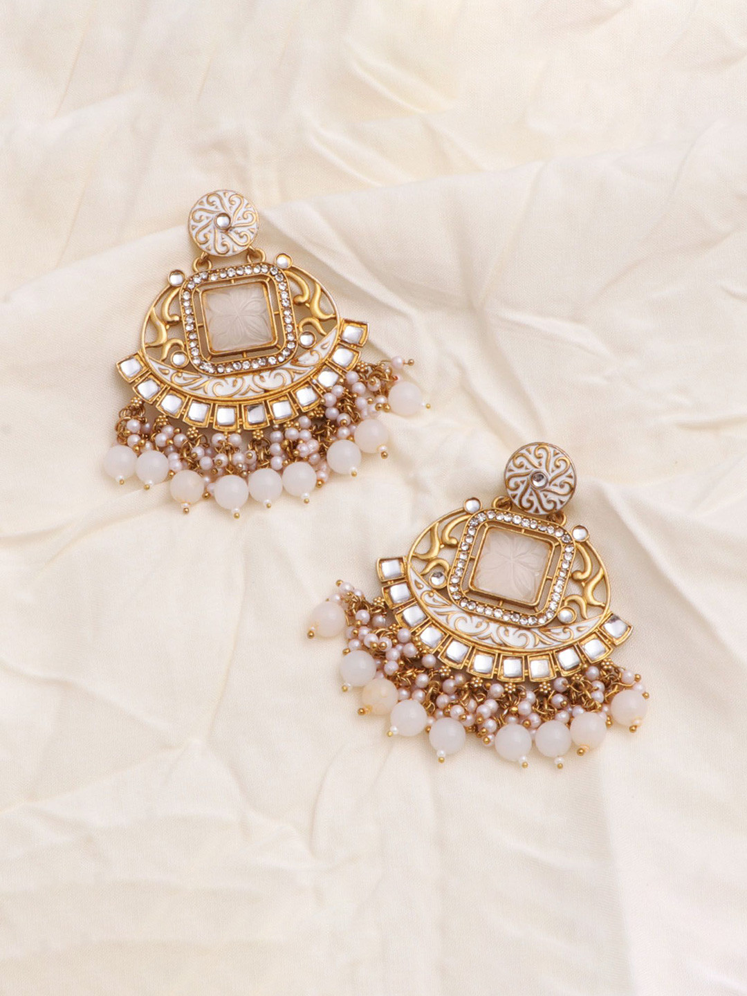 CAPILITE Jewellers Brass-Plated Kundan Studded And Pearls Beaded Square Drop Earrings