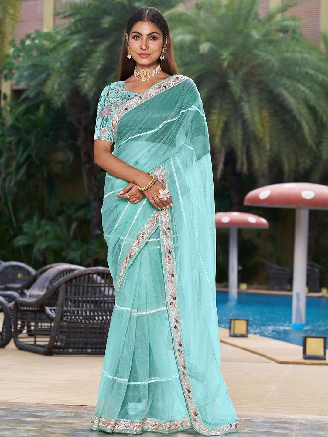 A.G.M.G FASHION Embellished Mirror Work Net Saree
