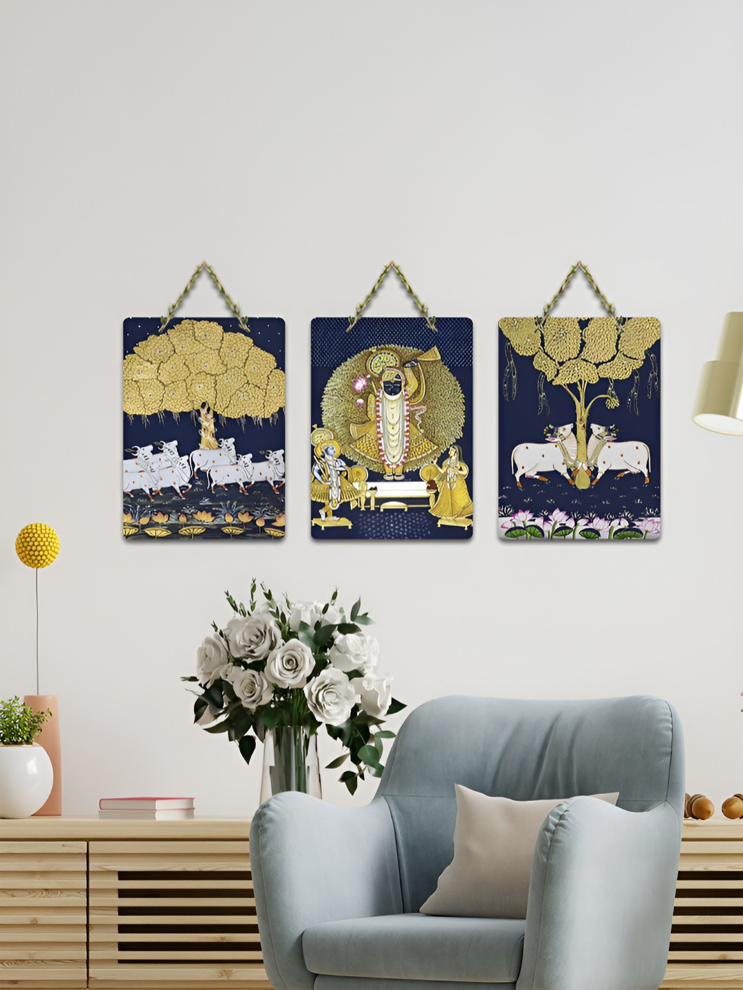 ArtVibes Navy Blue 3 Pieces Divine Pichwai Symphony Printed Wooden Hanging Wall Arts