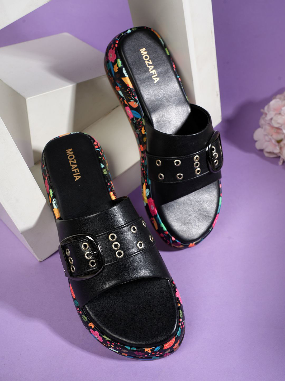 MOZAFIA Women Printed Buckles Detailed Open Toe Open Toe Flats