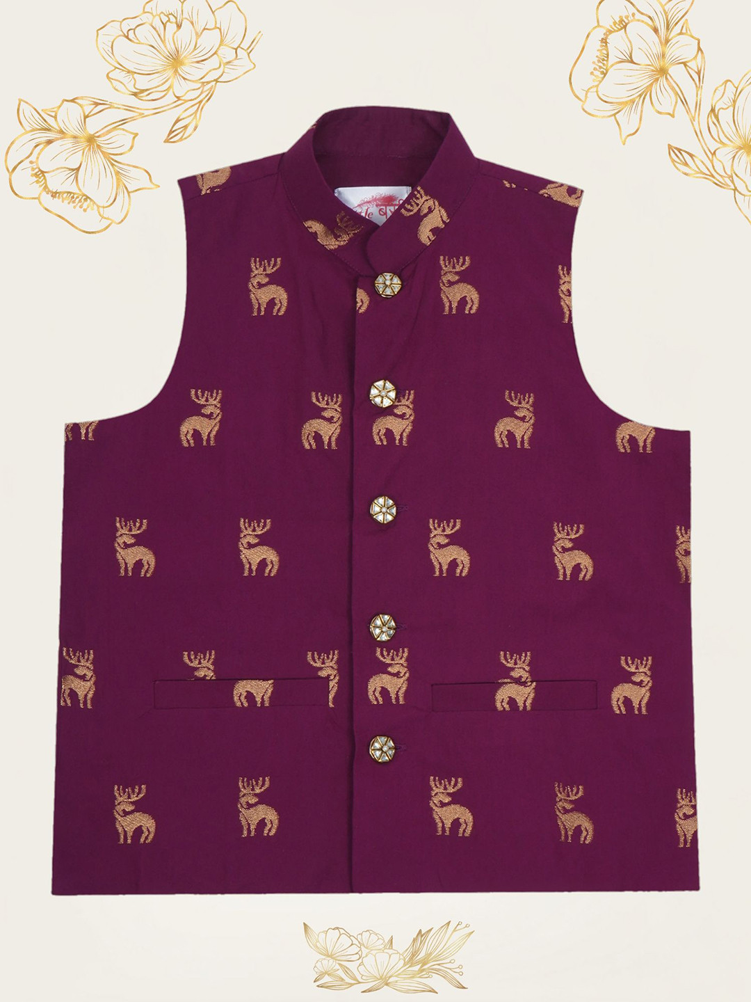 Little Bansi Boys Deer Embroidered Pure Cotton Woven Nehru Jacket