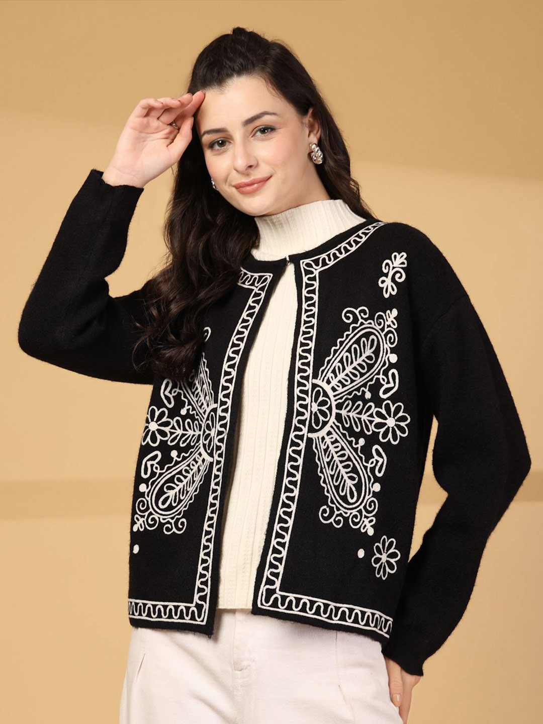 Mafadeny Women's Embroidered Open Front Sweater