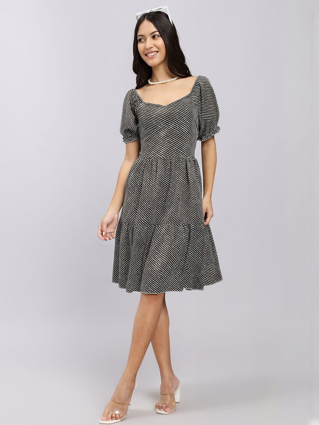 Black Striped Crepe Fit & Flare Knee Length Dress
