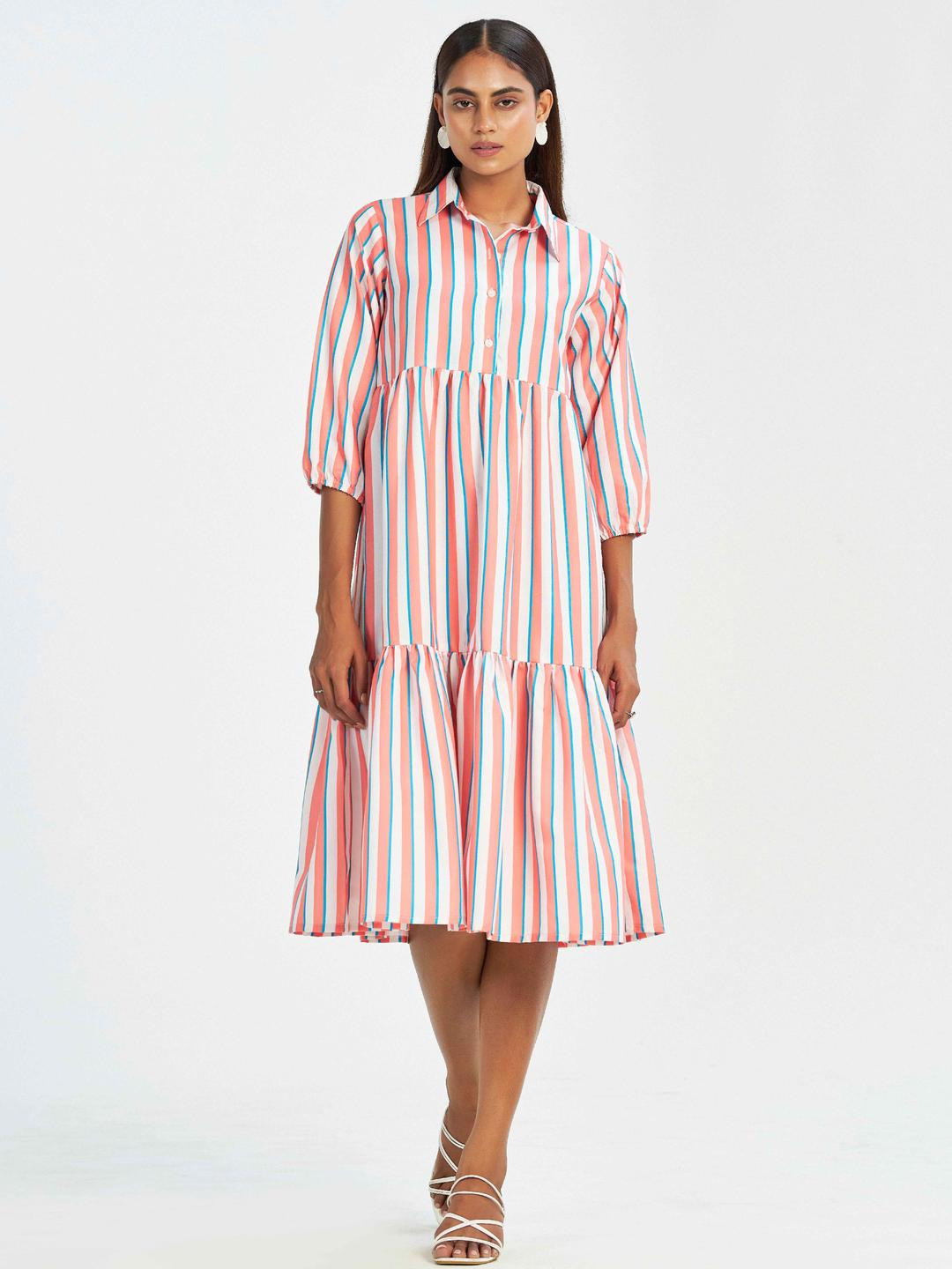 The Roadster Lifestyle Co Striped Pointed Collar Casual Midi Shirt Dress