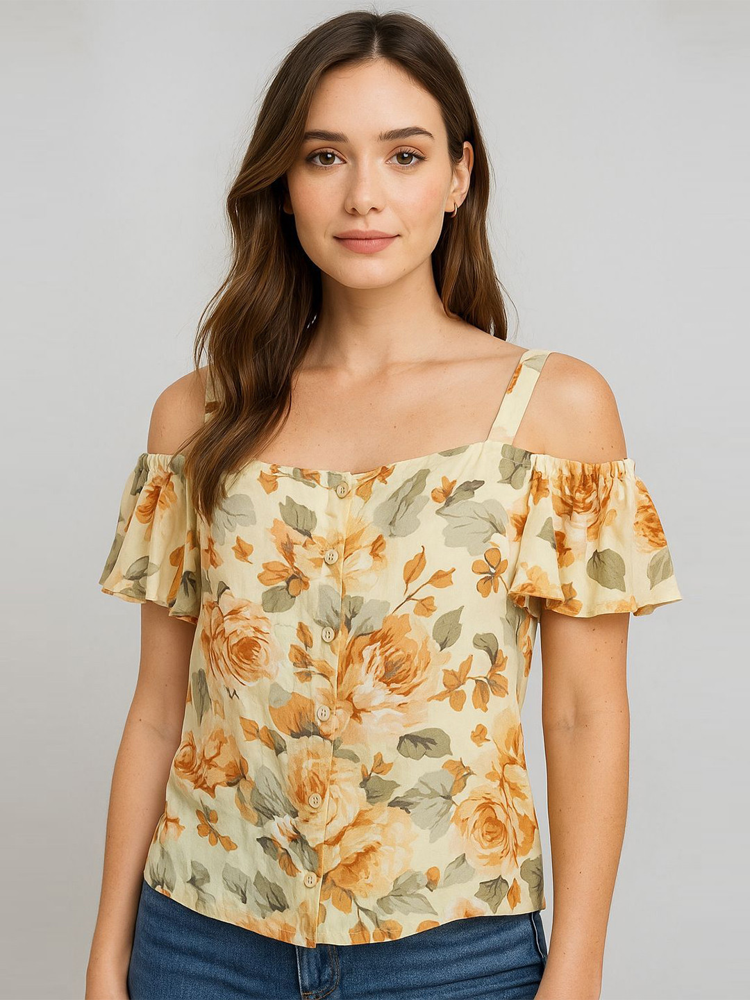 RAVINIK Women Floral Printed Off-Shoulder Cold-Shoulder Sleeves  Top
