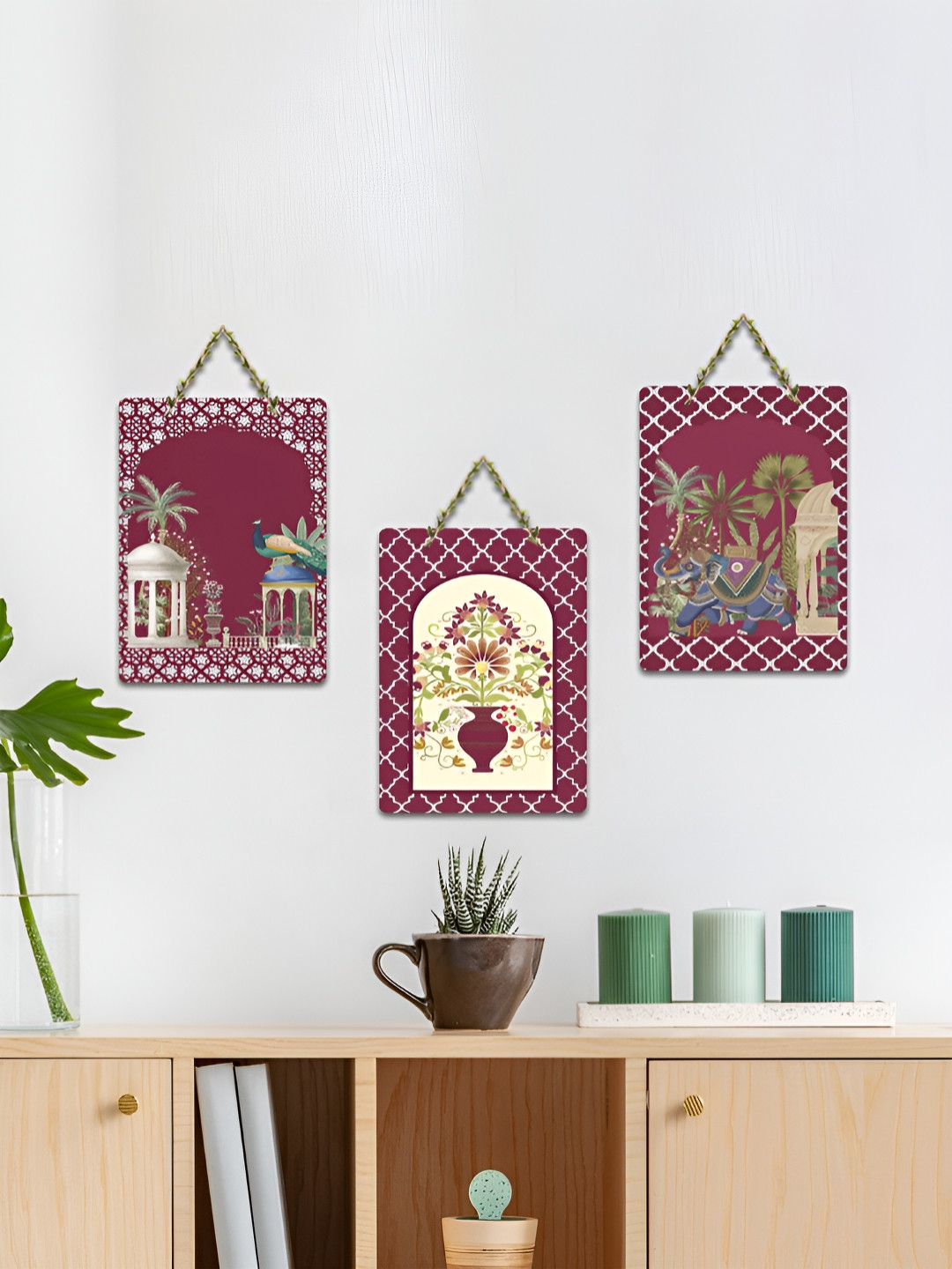 ArtVibes Maroon & Beige 3 Pieces Mughal Garden Whispers Printed Wooden Hanging Wall Arts