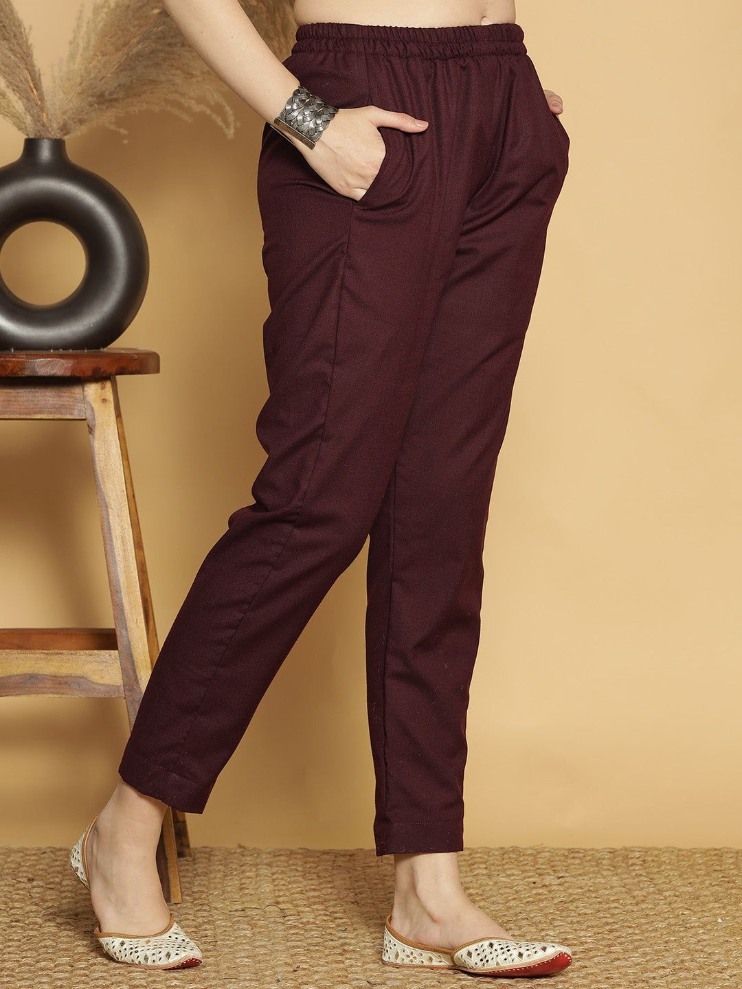 LetsDressUp Women Wine Acrylic Relaxed Fit Trousers