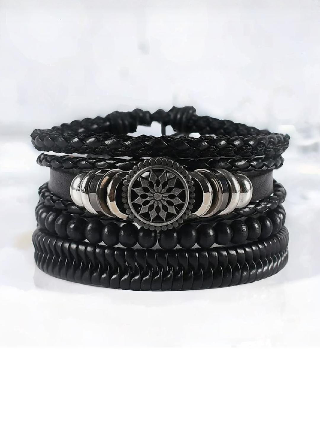 Black Oxidised Floral Wristband Leather Braclet For Men (pack of 4pcs)