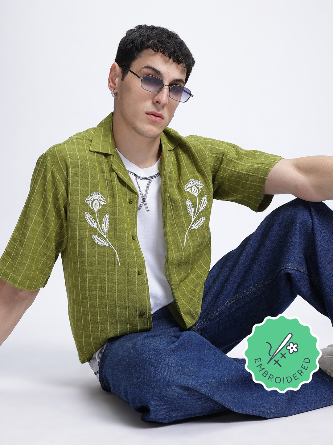 glitchez Embroidered Self Checked Shirt
