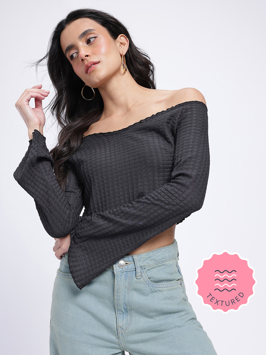 Flare Goals Textured Crop Bardot Top