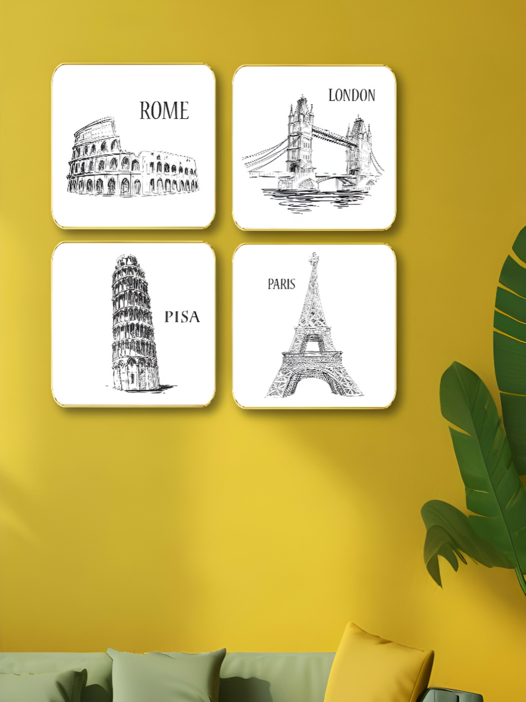 Livin'luxe White & Black 4 Pieces Iconic Monuments Sketch Wall Arts