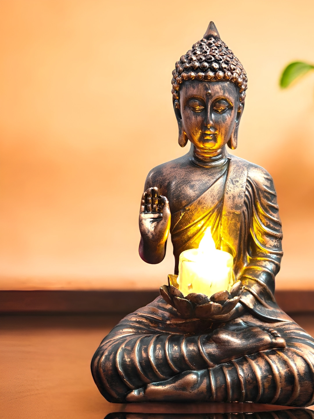 SkyKey Copper-Toned Polyresin Sitting Buddha Idol With Candle Holder Statue Showpiece