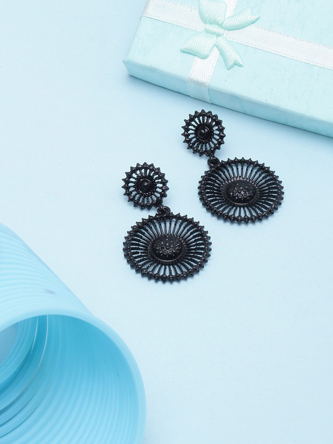 StyleCast Black-Plated Circular Drop Earrings