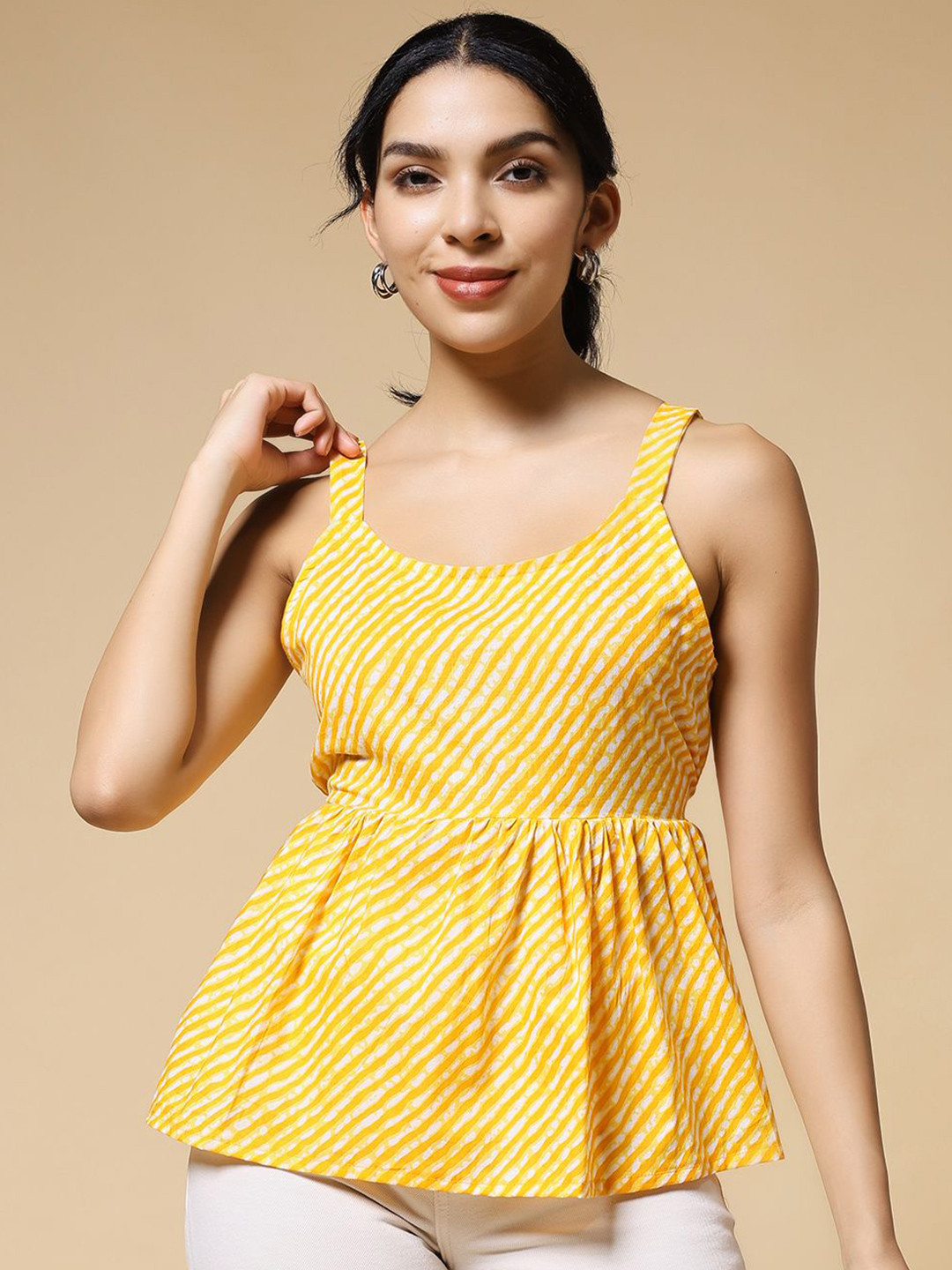 Istyle Can Women Leheriya Printed Pure Cotton Peplum Top