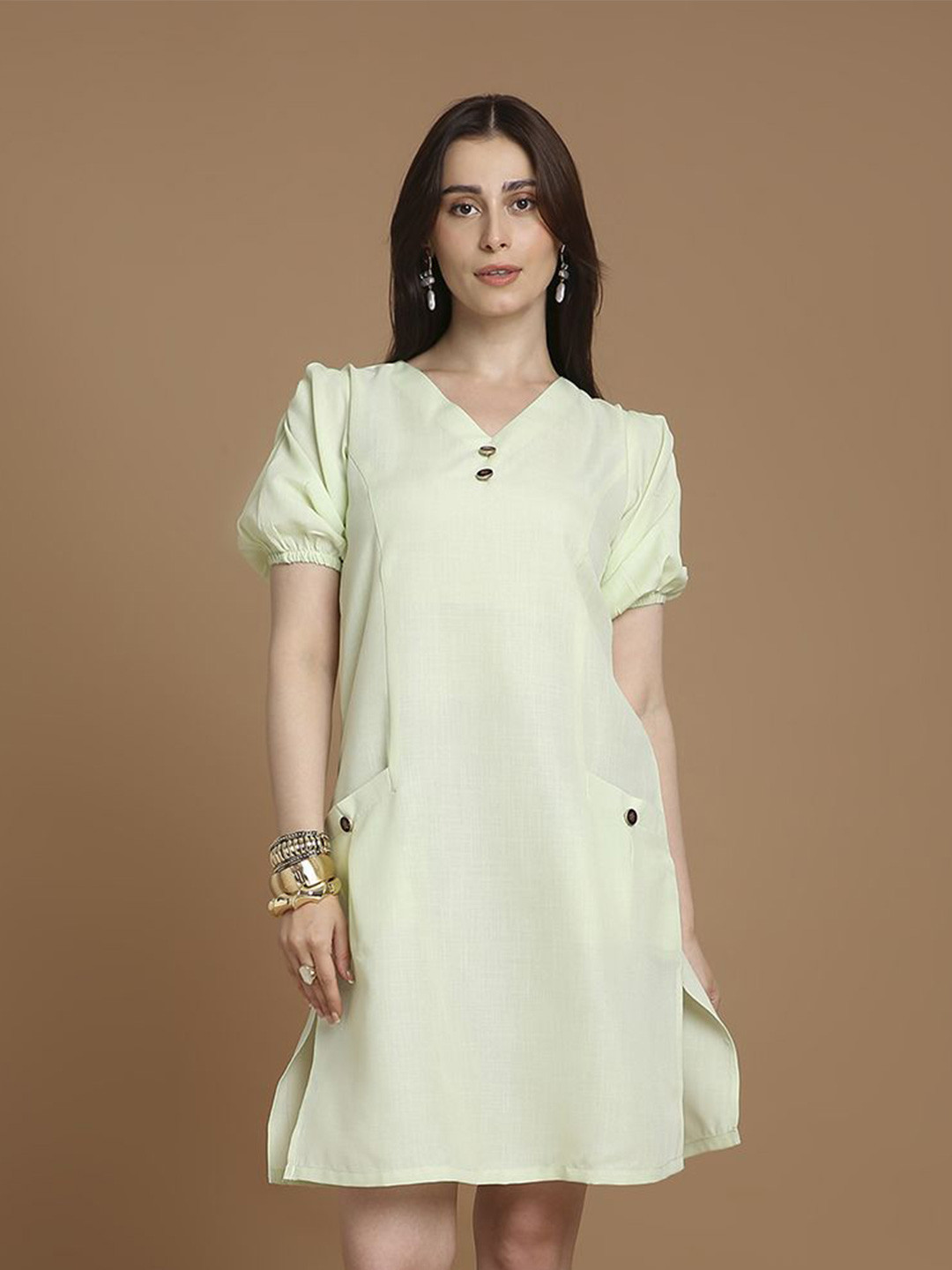 GatiPrada Women V-Neck Puff Sleeves Shift Dress