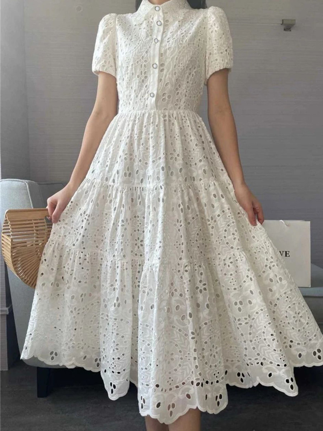 Miss Mosa By Akanksha  Women Off White Jimmy Cotton Eyelet Fit & Flare Midi Dress