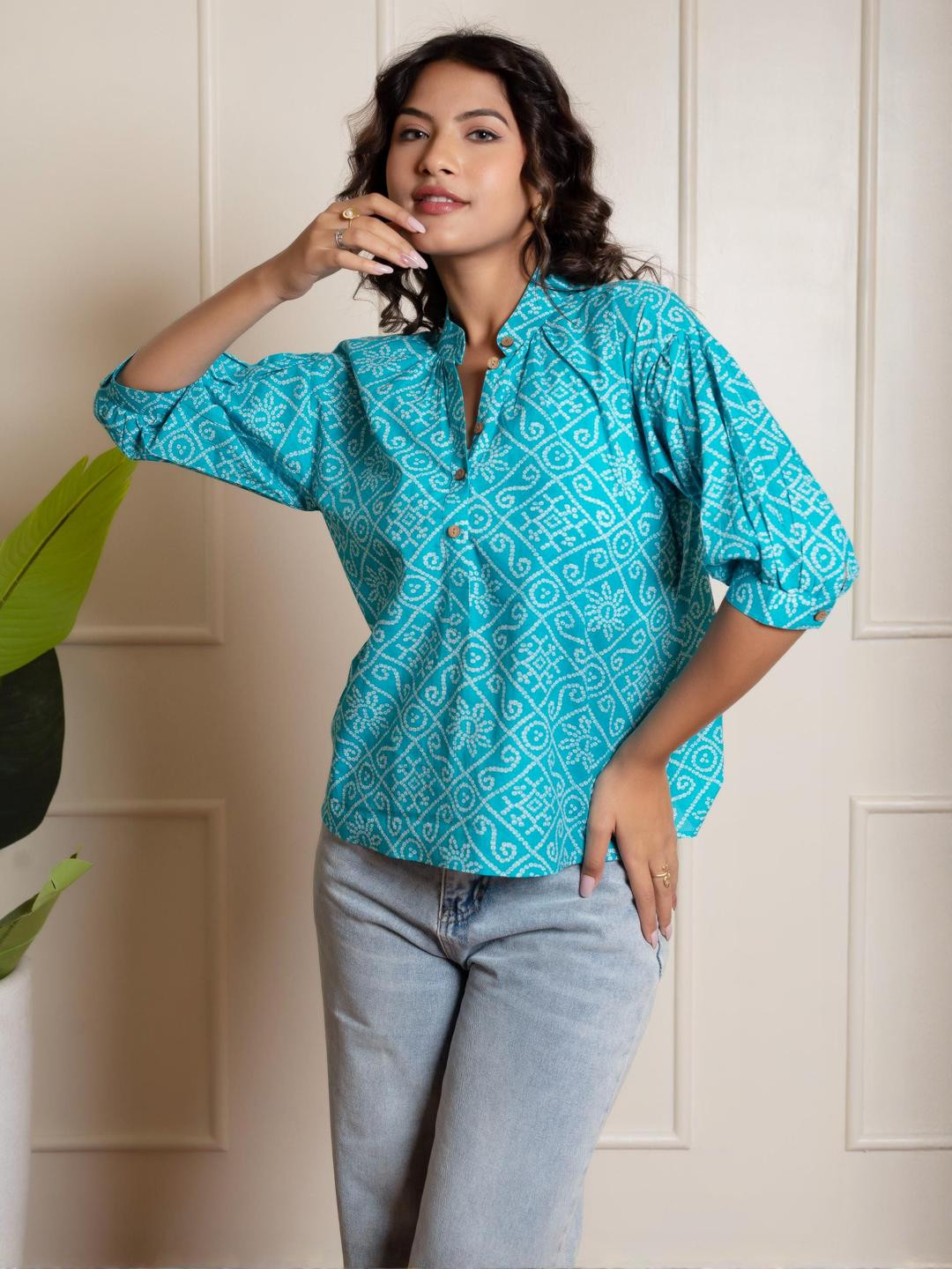 Pomcha Women Ethnic Motifs Printed Band Collar Cotton Casual Shirt