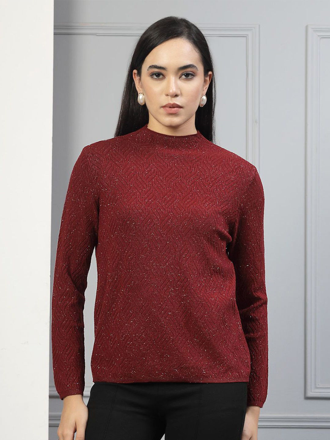 Mafadeny Women Shimmering Ribbed High Neck Sweater