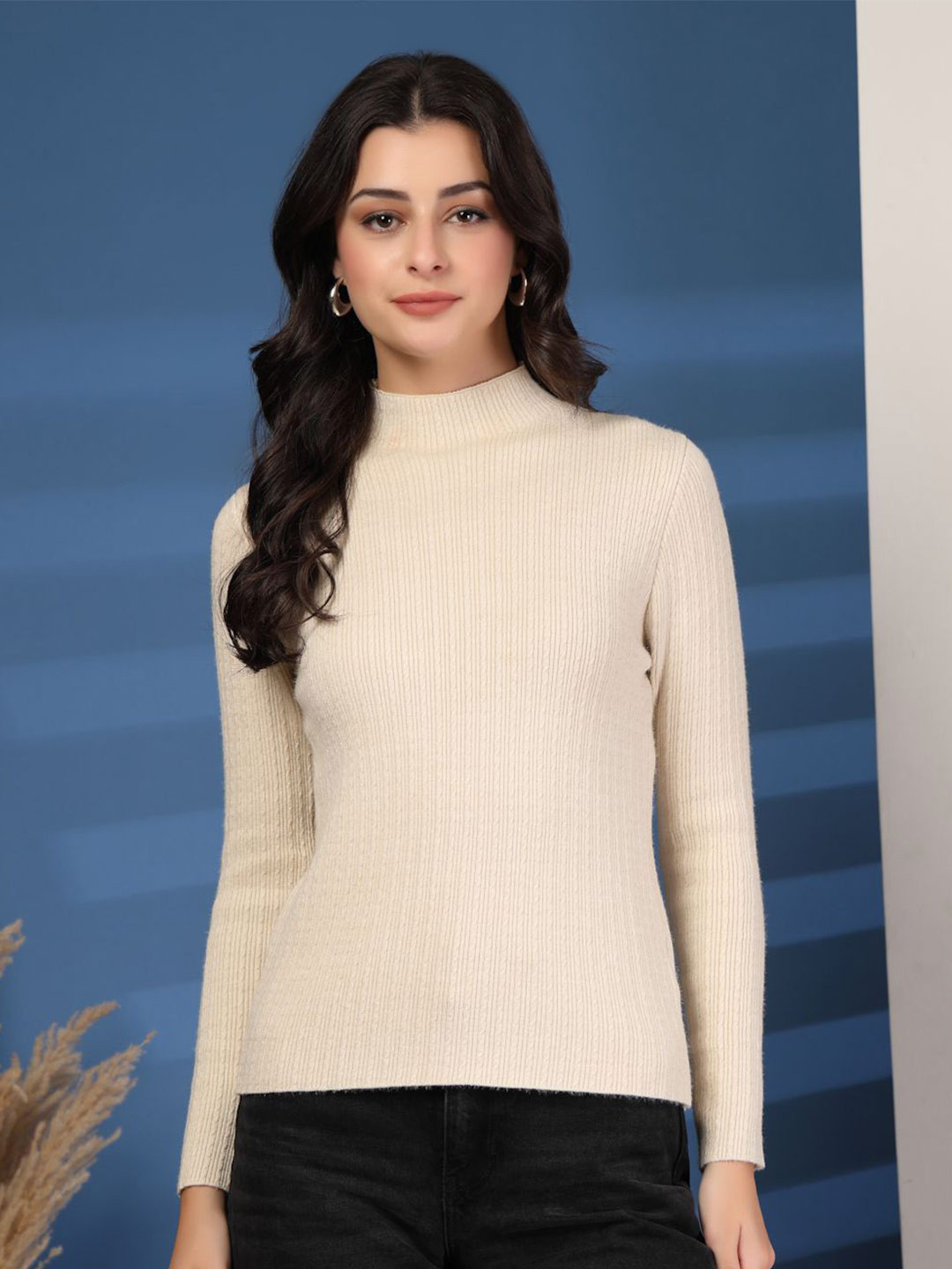 Mafadeny Women Ribbed Knit High Neck Sweater