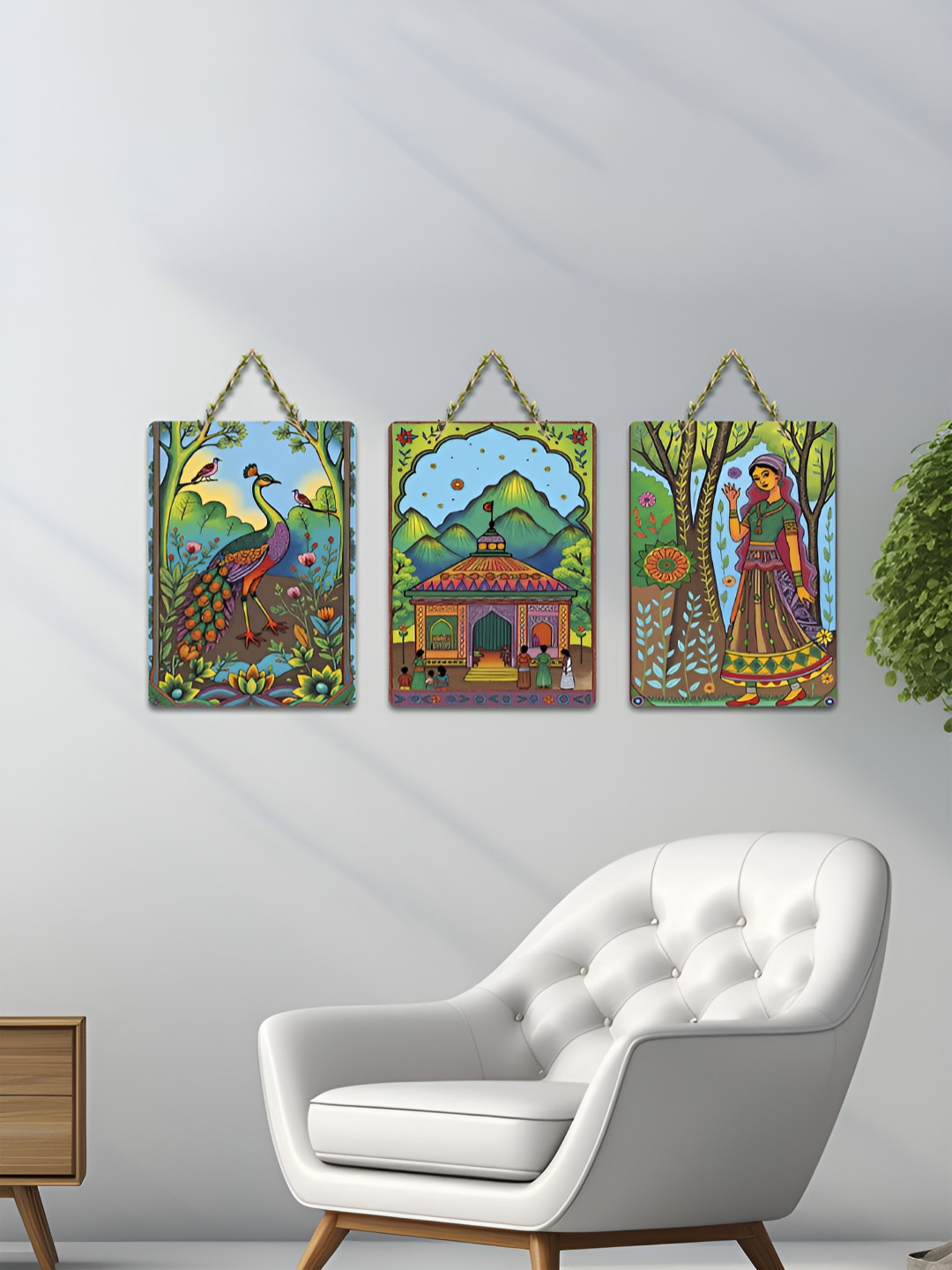 ArtVibes 3-Pcs Green & Blue Village Scenery Printed Wooden Wall Hanging Decor