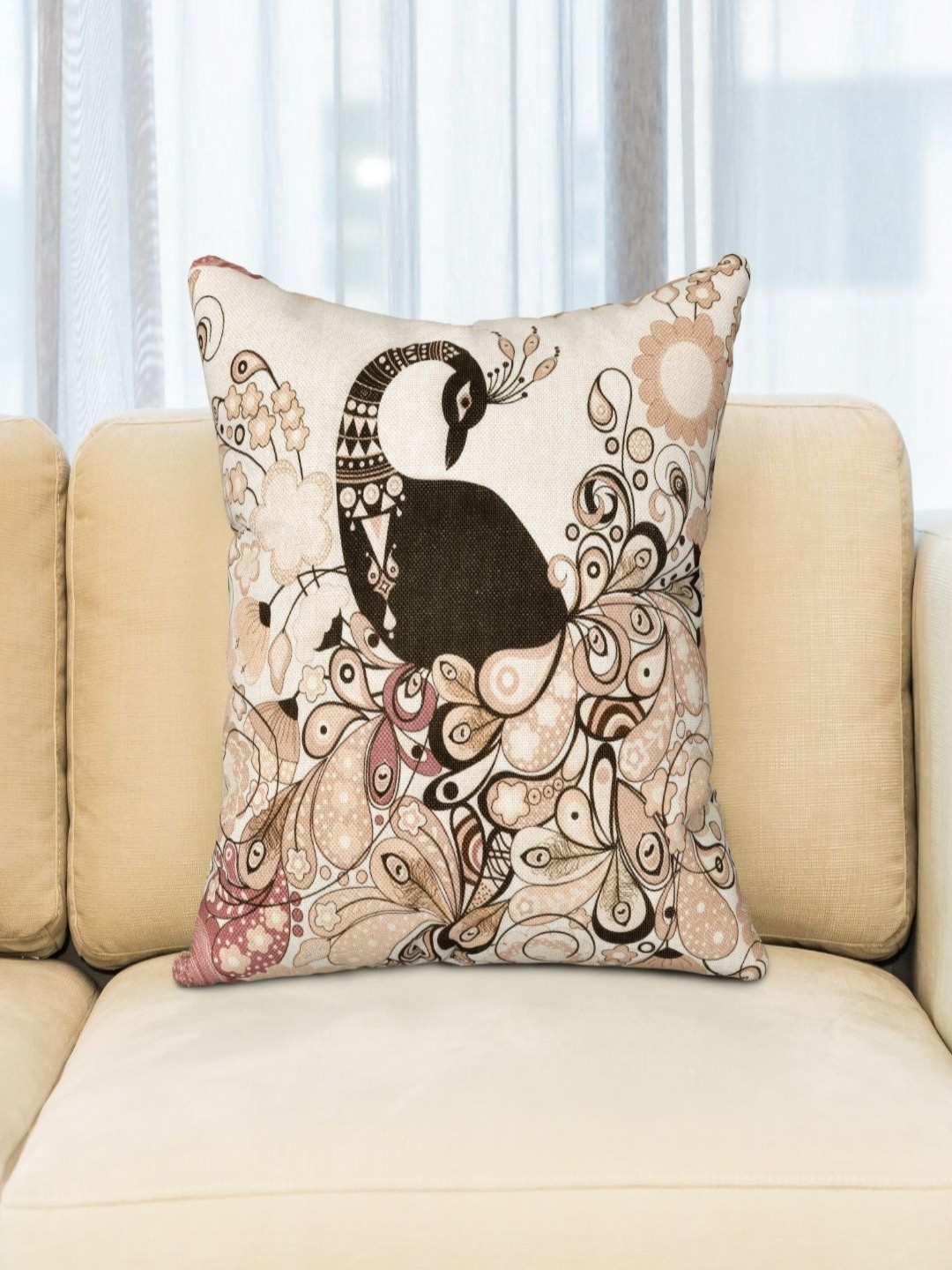 JAIPUR FABRIC Off White & Black Peacock Digital Printed Jute Cotton Square Cushion Cover