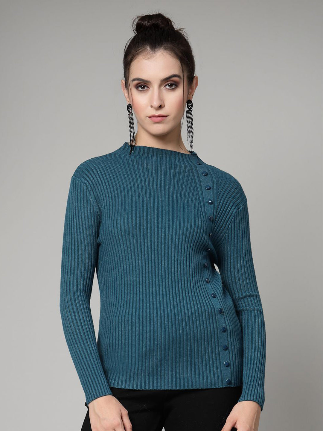 Mafadeny Women Ribbed Side Button Detail Knit Top