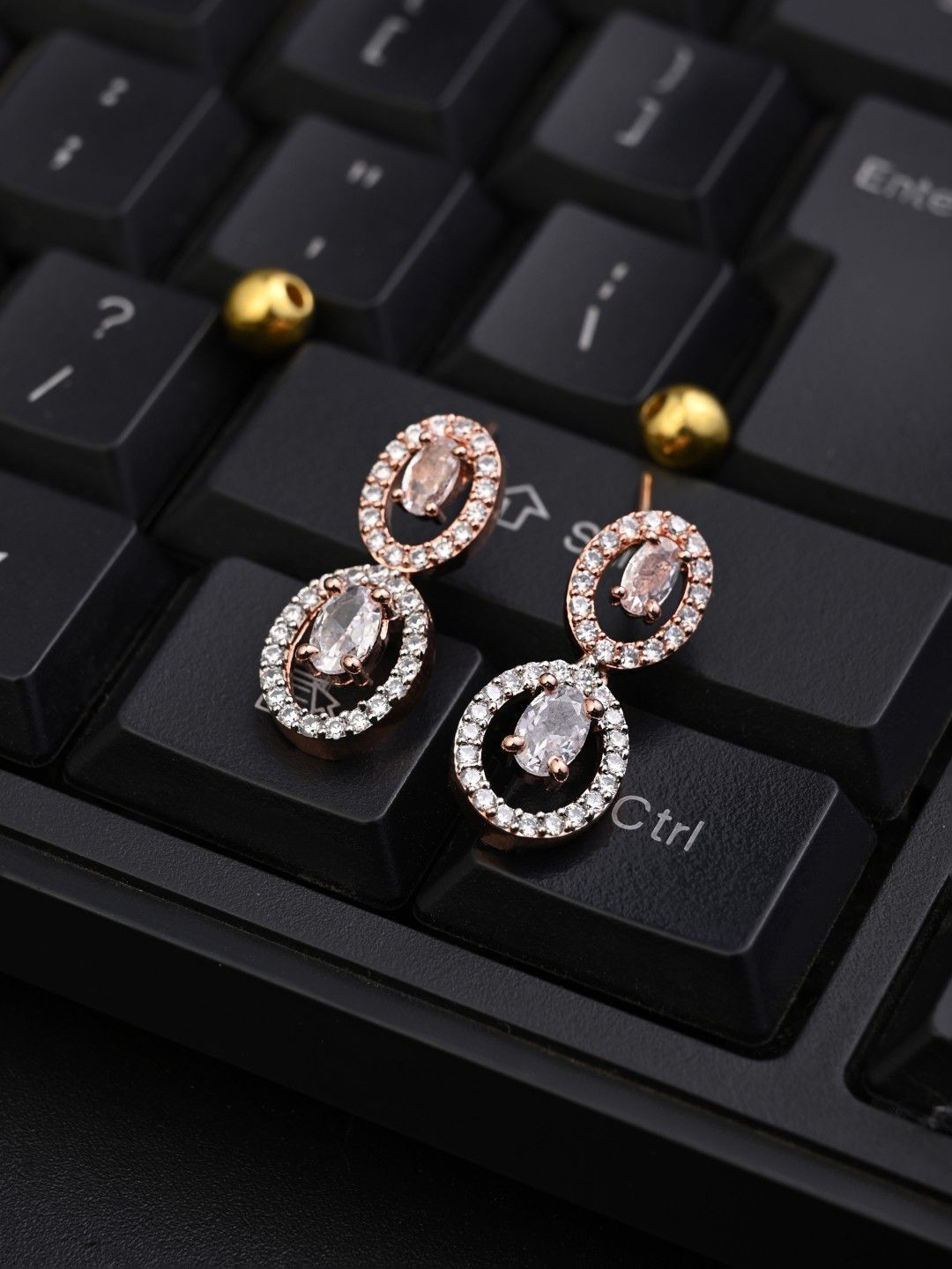 Anvik Rose Gold-Plated American Diamond Studded Oval Drop Earrings
