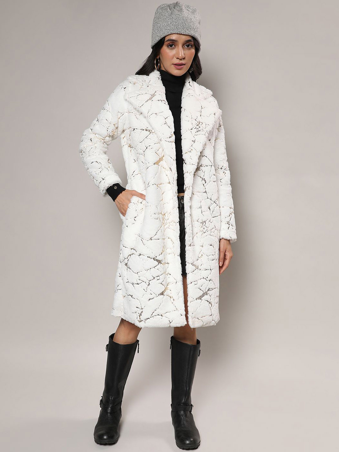 PINACOLADA Metallic-Veined Fur Long Coat