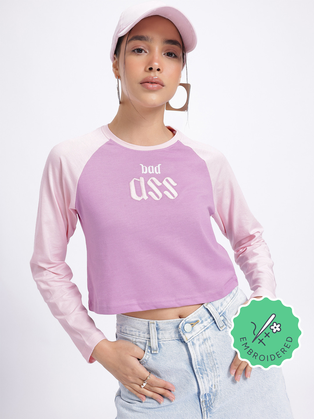 glitchez Embroidered Raglan Sleeve Crop T-shirt