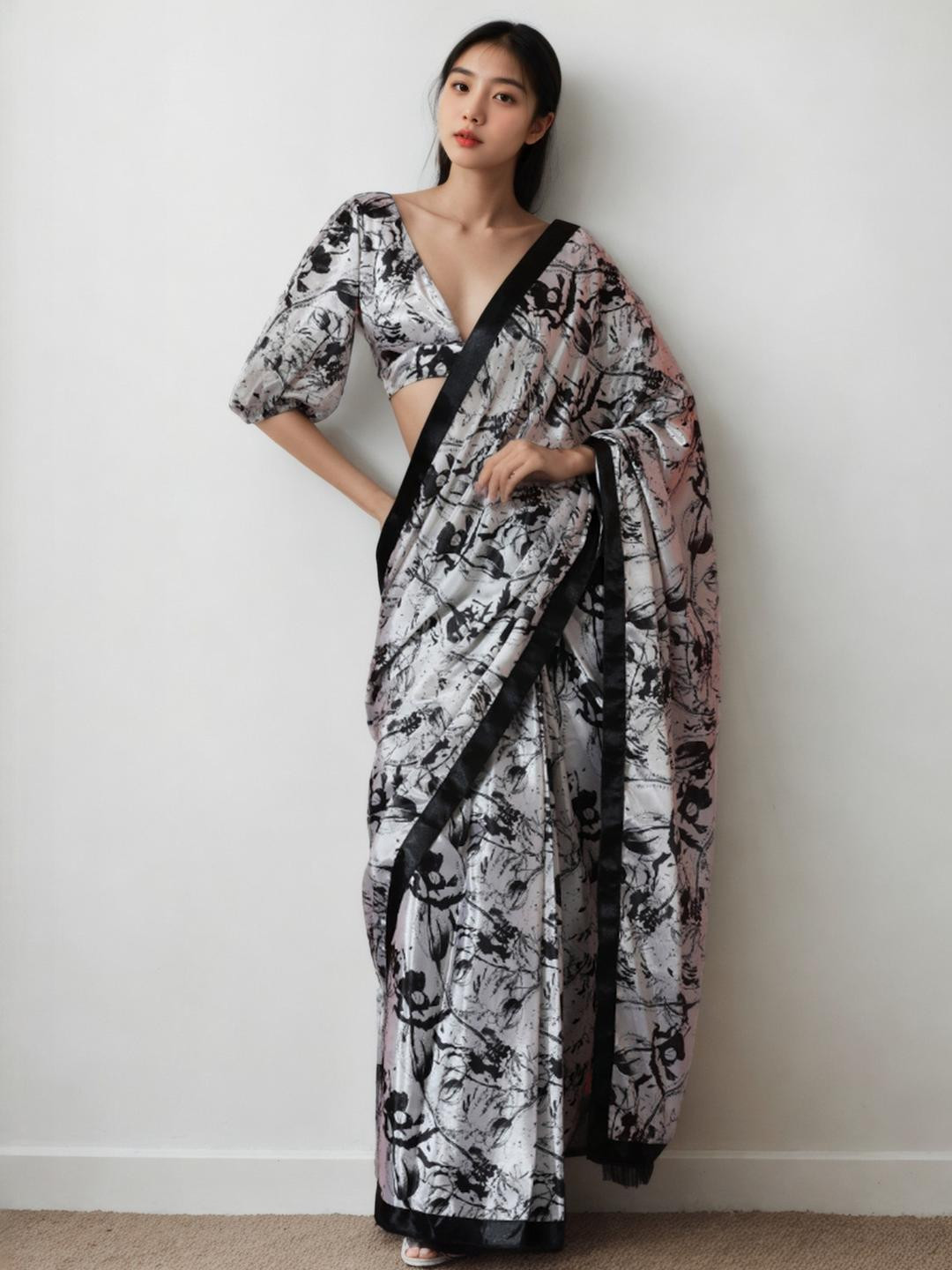 KALINI Floral Print Monochrome Saree with Unstitched Blouse Piece