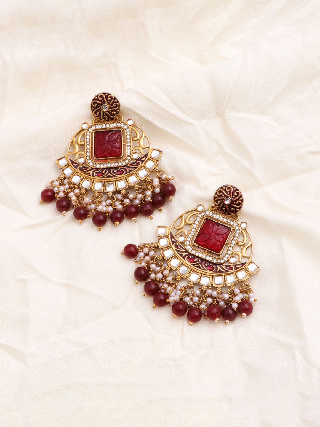 CAPILITE Jewellers Brass-Plated Kundan Studded & Pearls Beaded Square Shaped Drop Earrings