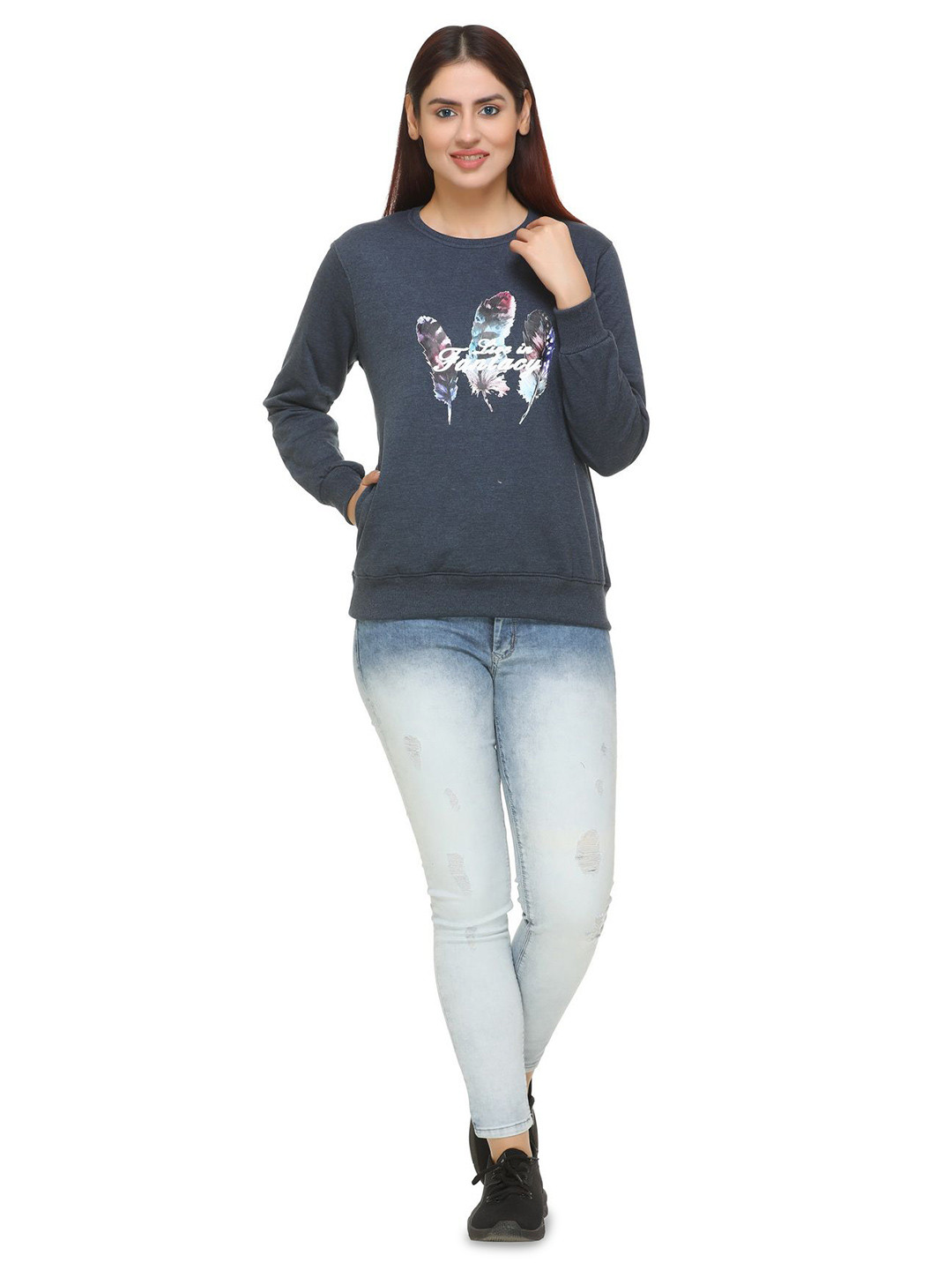 WOOL 4U PANKHI-XXL-AIRFORCE Women Typography Printed Long Sleeve Woolen Sweatshirt