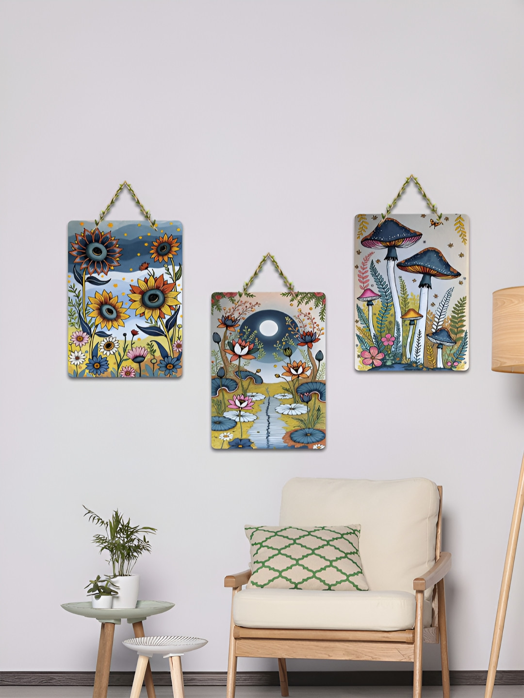 ArtVibes Blue & Yellow 3 Pieces Botanical Dreams Printed Wooden Hanging Wall Arts