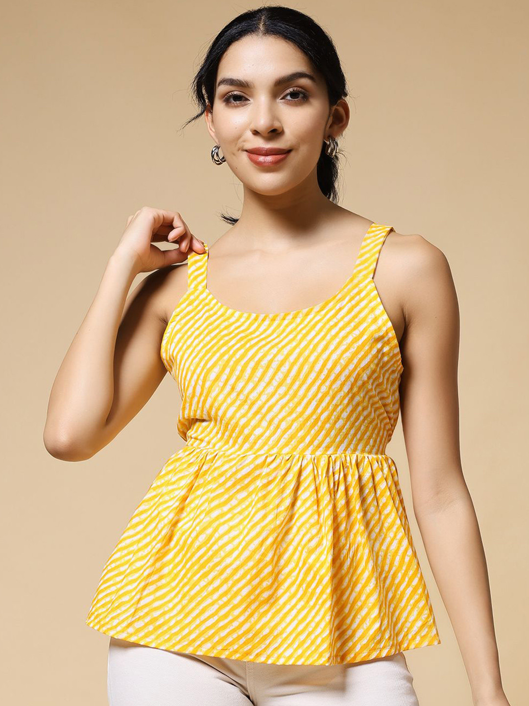 Istyle Can Women Yellow Leheriya Printed Scoop Neck Peplum Top