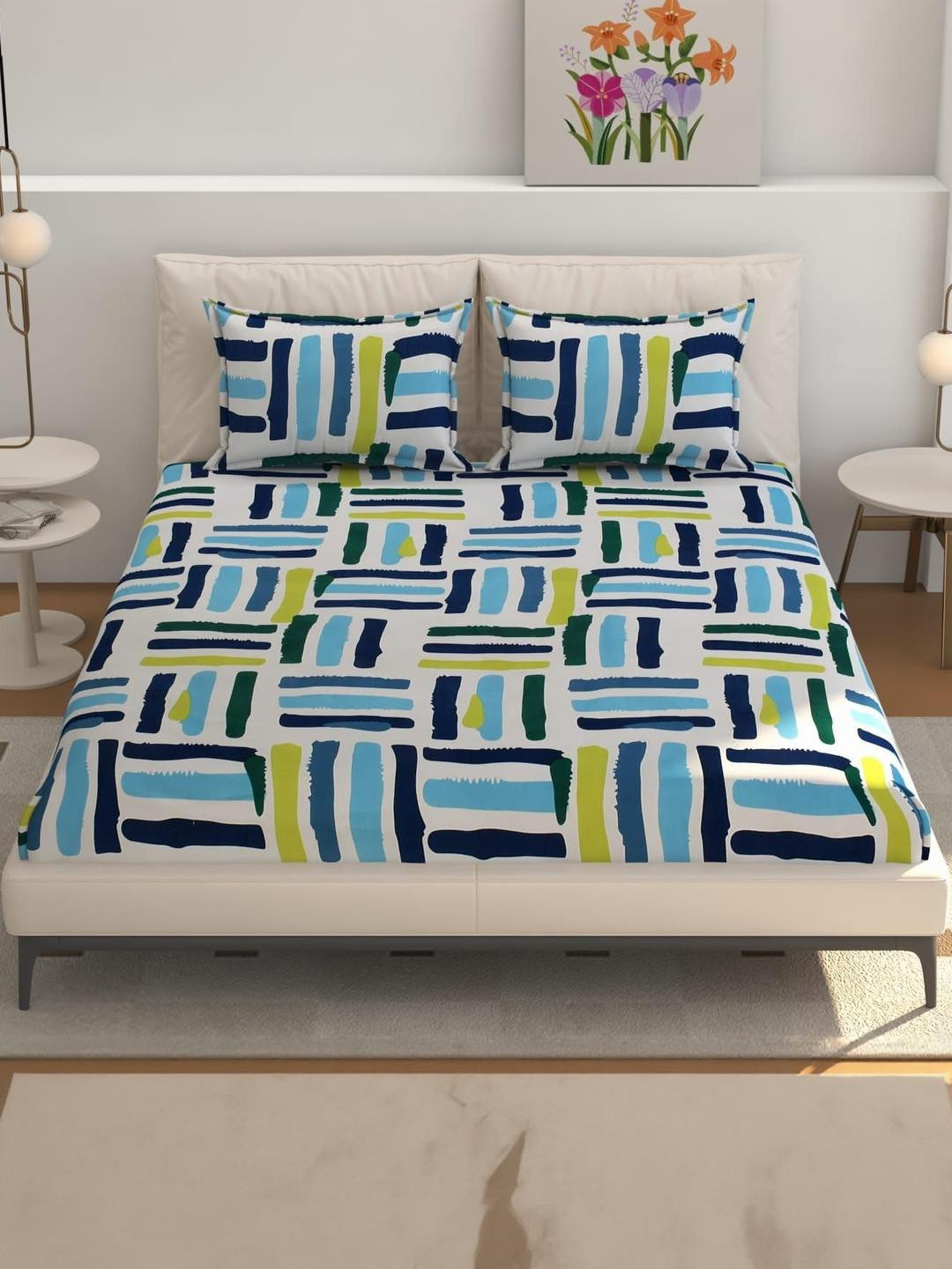 TINDLER KNOTS Blue & White Floral 330 TC King Bedsheet with 2 Pillow Covers