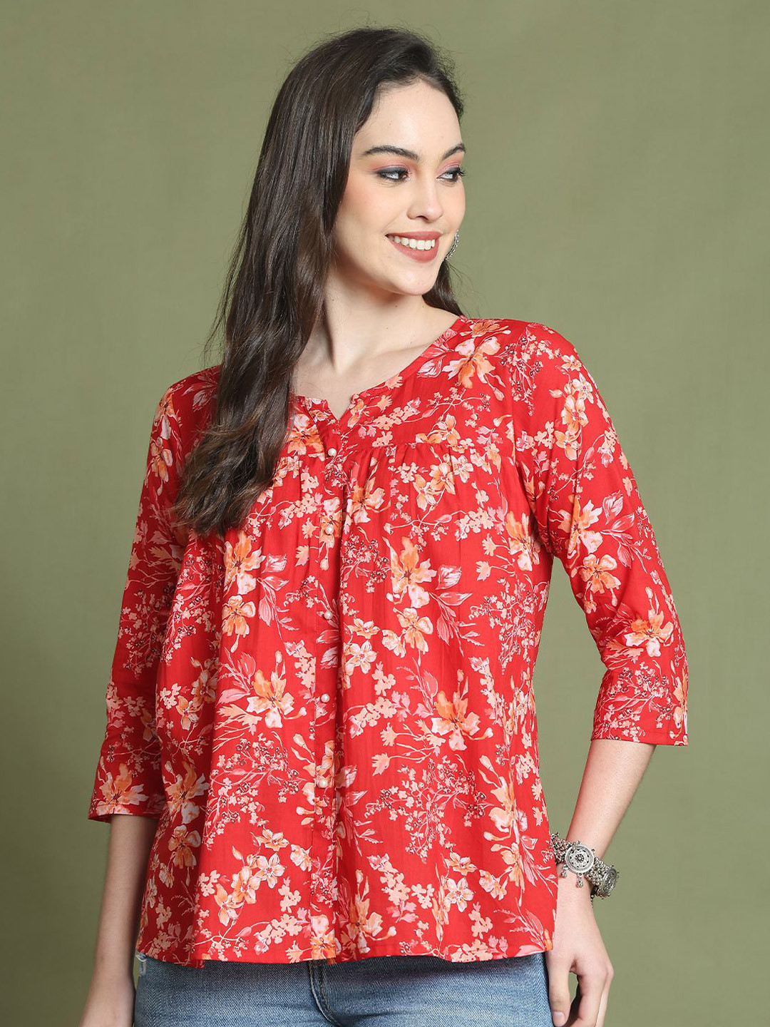 KALINI Women Floral Print Round  Blouson Cotton Top