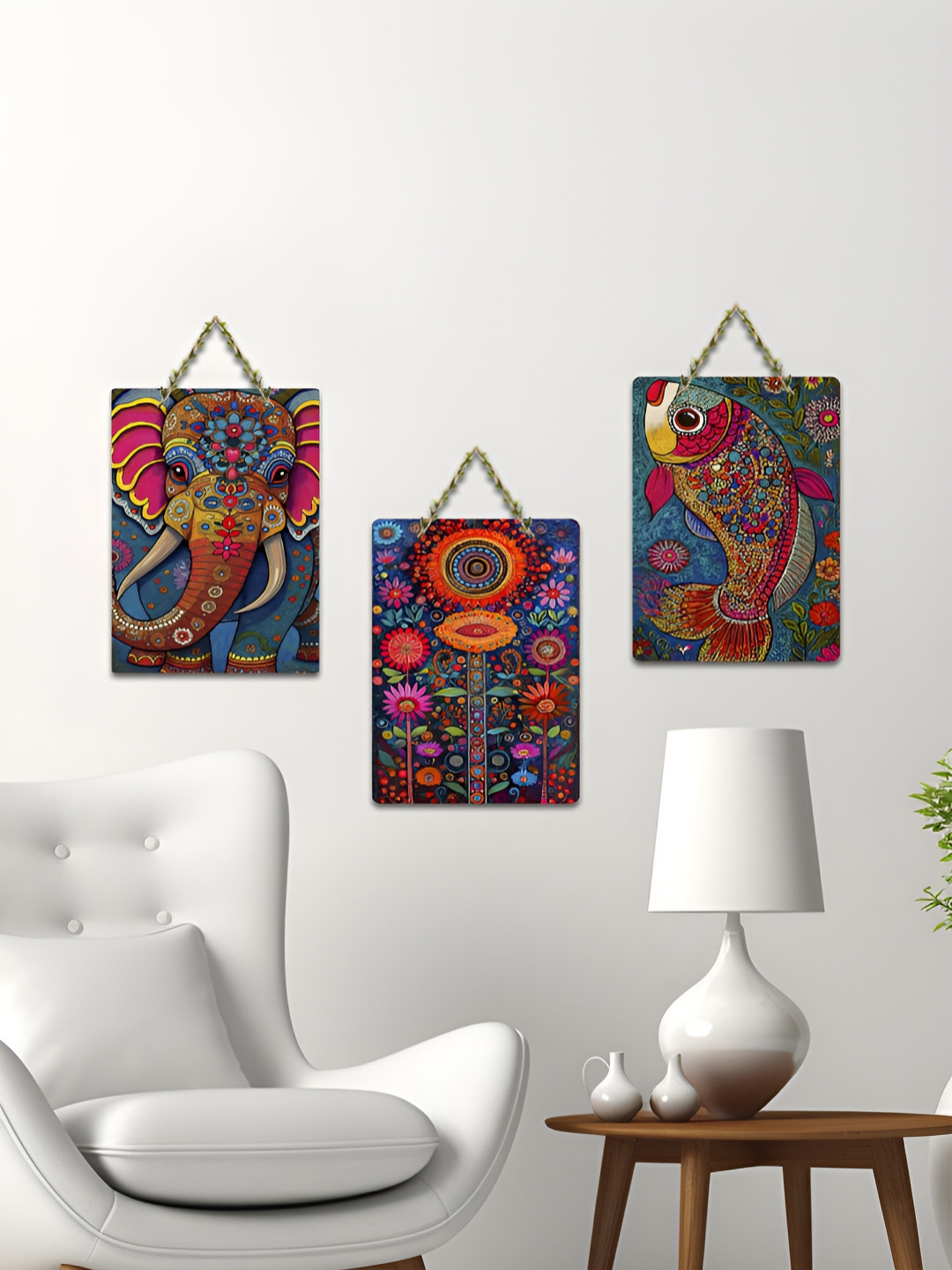 ArtVibes Blue & Red Ethnic Animal & Floral 3 Pieces Printed Wooden Wall Hanging Decors