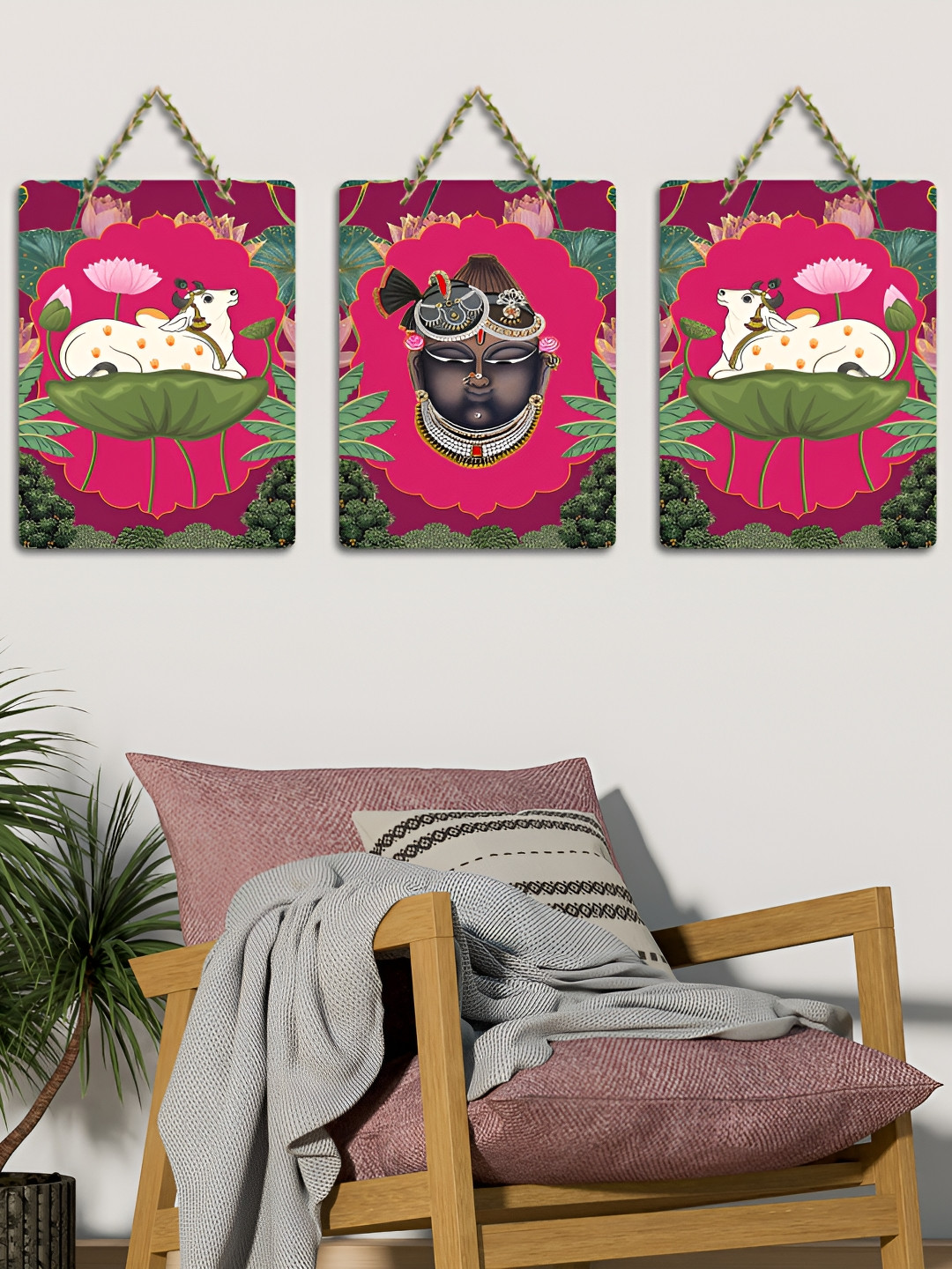 ArtVibes Pink & Greed 3 Pieces Pichwai Art Printed Wooden Hanging Wall Arts