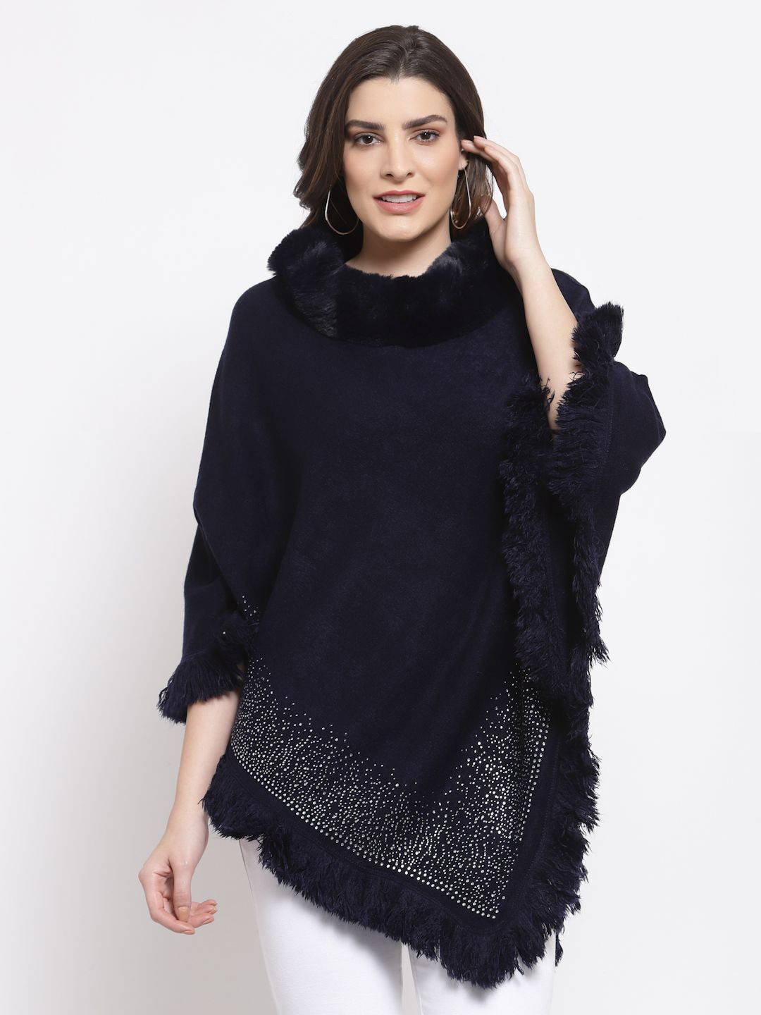 Mafadeny Elegant Fur Collar and Fringe Detailing Poncho