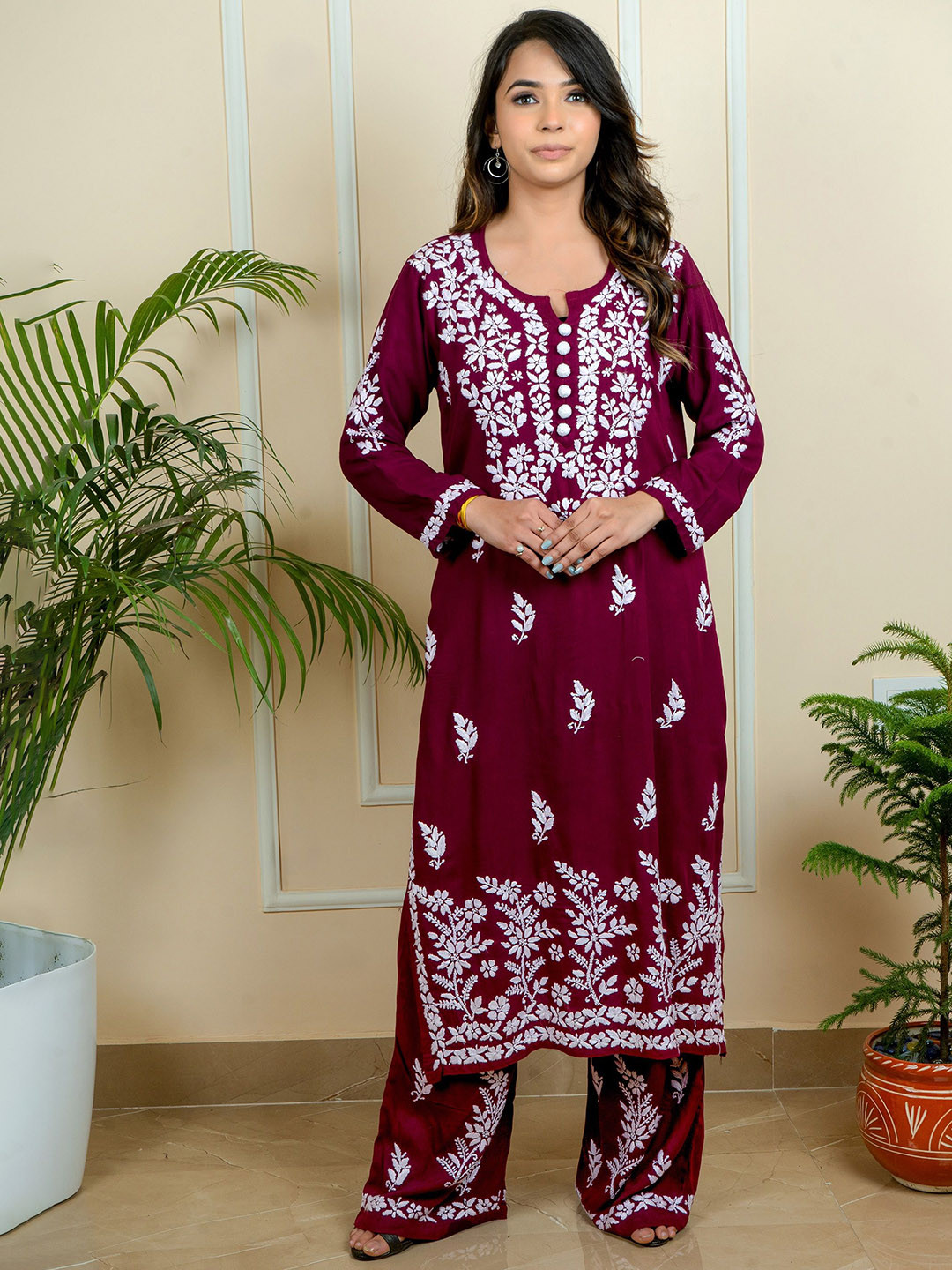 ADR CHIKAN Women Ethnic Motifs Chikan Embroidered Wine Rayon Kurta with Plazzo Set