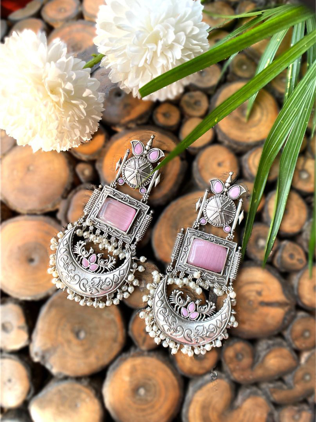 Poush Luxury Artificial Stones Studded & Beaded Oxidised Crescent Shaped Chandbalis