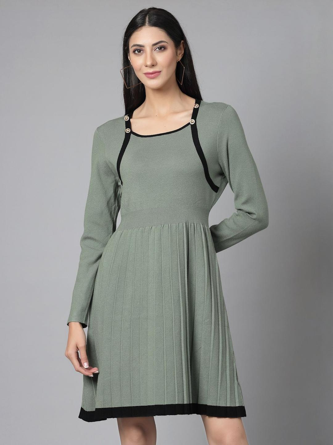 Mafadeny Square Neck Knit Dress with Contrast Trim & Pleated Skirt