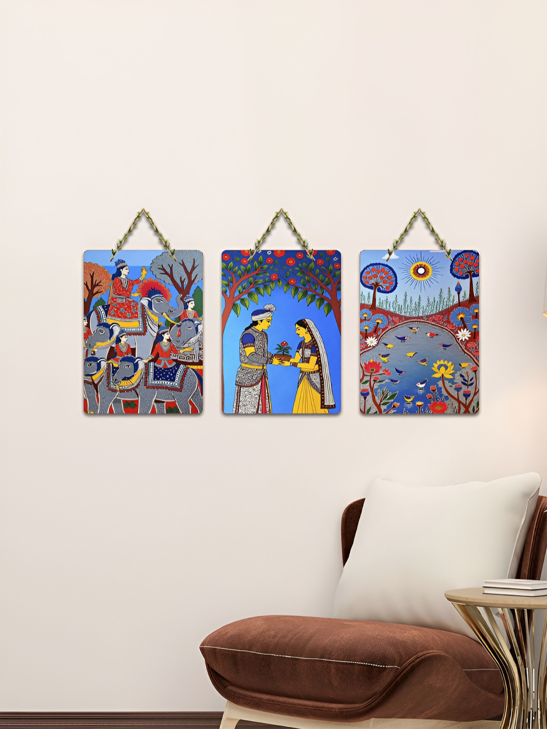 ArtVibes Blue & Red 3 Pieces Tales of Mithila Printed Wooden Hanging Wall Arts