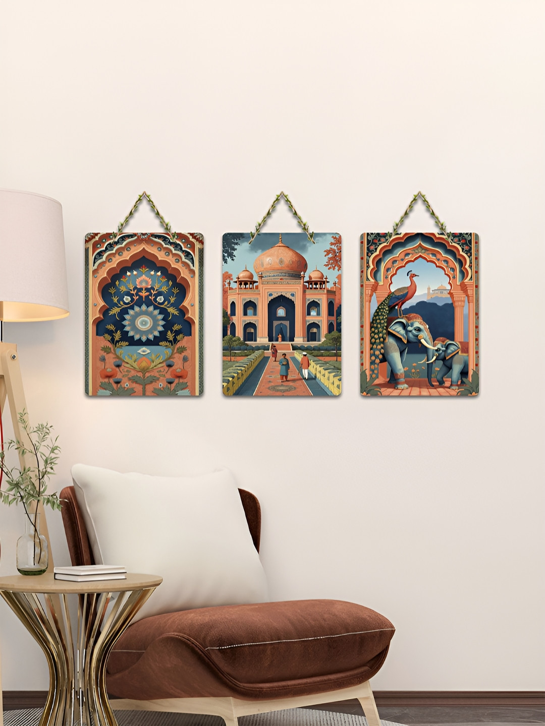 ArtVibes Beige & Blue 3 Pieces Elephant & Palace Harmony Printed Wooden Hanging Wall Arts