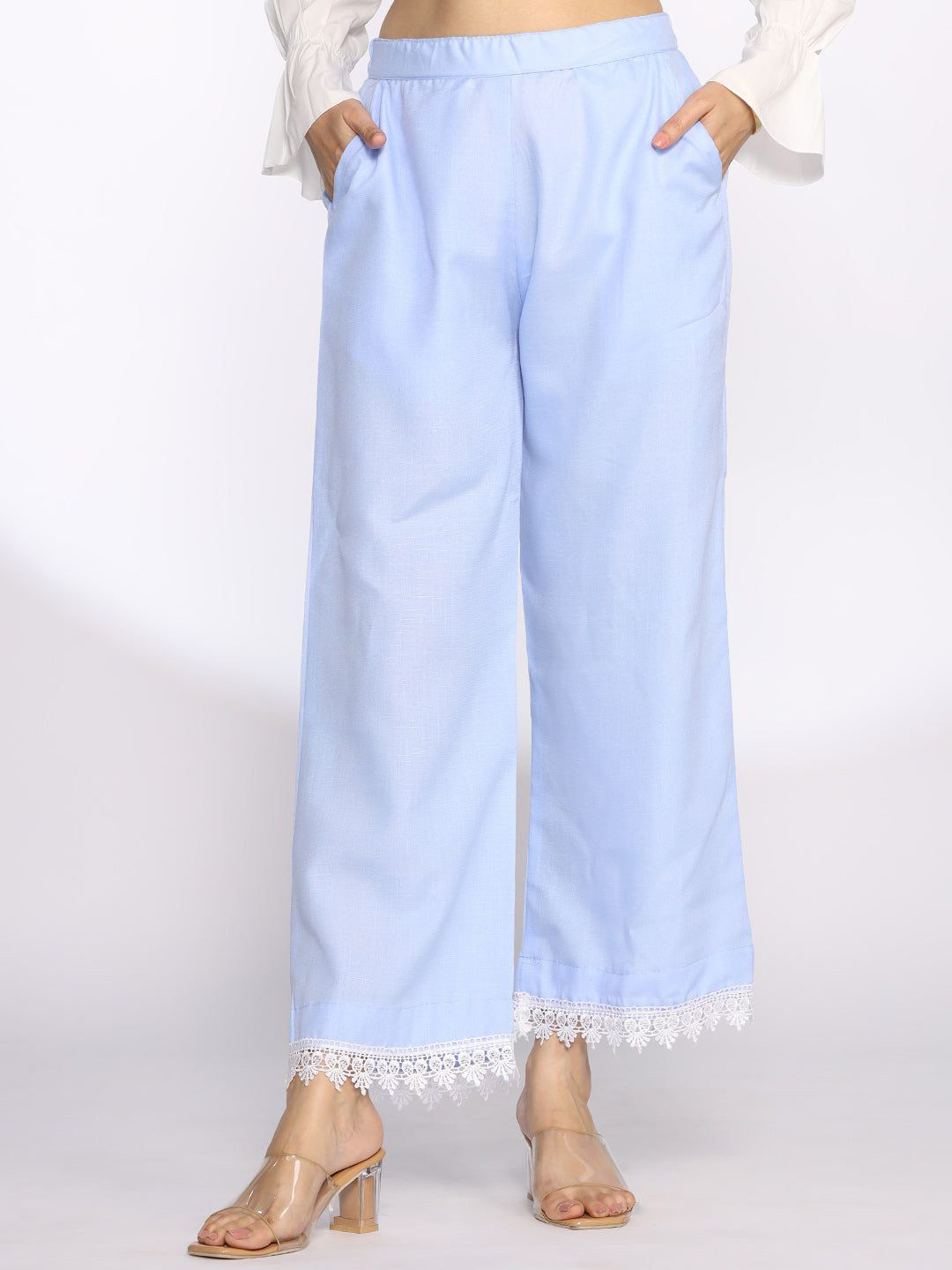 LetsDressUp Women PowderBlue Cotton Slub Laced Palazzos